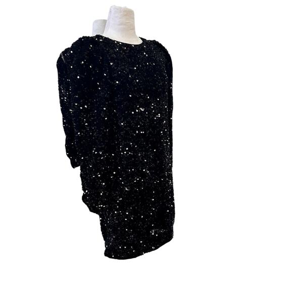 Black Sequin Long Sleeve Mini Dress XS Party Holiday NYE Cocktail Coquette - Picture 5 of 11